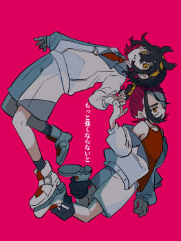 Rule 34 | 2boys, age toufu, black hair, blueberry academy school uniform, commentary request, crossed bangs, dual persona, hairband, highres, jacket, kieran (pokemon), long sleeves, looking at another, loose hair strand, messy hair, multicolored hair, multiple boys, necktie, nintendo, pink background, pokemon, pokemon sv, ponytail, purple hair, red necktie, red tank top, school uniform, short hair, shorts, tank top, two-tone hair, white jacket, white shorts, yellow eyes, yellow hairband