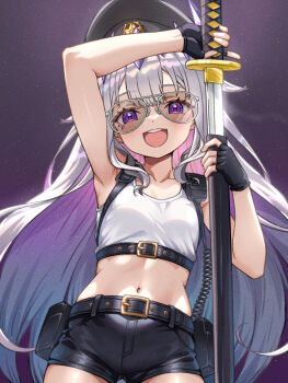 Rule 34 | 1girl, :d, absurdres, armpits, belt, black belt, black gloves, black hat, black shorts, blush, collarbone, commentary, crop top, english commentary, eyelashes, fingerless gloves, gloves, hat, highres, holding, holding sheath, holding sword, holding weapon, hololive, hololive english, hololive grand theft auto, katana, koseki bijou, long hair, mao sakura0311, midriff, navel, open mouth, purple eyes, purple hair, sheath, shirt, short shorts, shorts, sleeveless, smile, solo, sunglasses, sword, teeth, unsheathing, upper teeth only, very long hair, virtual youtuber, weapon, white-framed eyewear, white shirt
