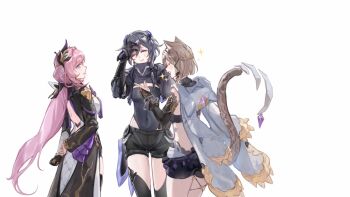 3girls animal_ears black_shorts blue_leotard breasts brown_hair cape cat_ears cat_girl cat_tail chinese_commentary commentary_request covered_navel elysia_(honkai_impact) elysia_(miss_pink_elf)_(honkai_impact) fu_hua fu_hua_(shadow_knight) grey_hair hair_ornament highres honkai_(series) honkai_impact_3rd large_breasts leotard leotard_under_clothes long_hair multiple_girls pardofelis pardofelis_(reverist_calico) pink_hair procreate_(medium) seawave02974 short_hair shorts simple_background small_breasts tail very_long_hair white_background white_hood