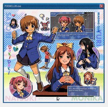 4girls :< :d :t antenna_hair averting_eyes bendedede black_hair black_skirt blazer blue_eyes blue_jacket blue_shorts blush bow brown_hair brown_shoes character_name clenched_hands closed_eyes commentary crossed_arms cursor dandere dark-skinned_female dark_skin denim denim_shorts desk doki_doki_literature_club dress_shirt english_commentary english_text fang flying_sweatdrops green_eyes hair_bobbles hair_ornament hair_ribbon hairclip halftone head_steam heart highres index_fingers_together interlocked_fingers jacket knee_blush kneehighs loafers long_sleeves looking_at_viewer monika_(doki_doki_literature_club) multiple_girls musical_note natsuki_(doki_doki_literature_club) open_mouth pink_eyes pink_hair playing_with_own_hair pleated_skirt ponytail prototype_design red_shirt ribbon sayori_(doki_doki_literature_club) school_desk school_uniform shirt shoes short_hair short_ponytail short_twintails shorts skirt smile sneakers socks tomboy tsundere twintails user_interface w_arms white_shirt white_socks window_(computing) yellow_bow yellow_ribbon yuri_(doki_doki_literature_club)