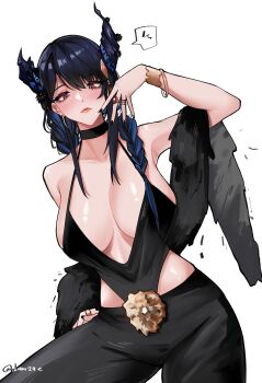 absurdres adammaarr bare_shoulders black_camisole black_hair black_horns black_pants blue_hair breasts camisole cleavage cowboy_shot highres hololive hololive_english horns large_breasts multicolored_hair nerissa_ravencroft pants simple_background two-tone_hair virtual_youtuber white_background