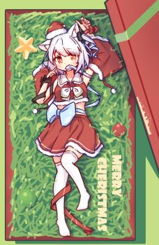 1girl animal_ear_fluff animal_ears azur_lane black_ribbon cat_ears cat_girl christmas commentary_request detached_sleeves from_above hair_ribbon hat highres looking_at_viewer lying merry_christmas on_back ph_painter red_eyes red_skirt ribbon santa_hat skirt solo thighhighs white_hair white_thighhighs yukikaze_(azur_lane)