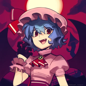 1girl ascot bat_wings black_gloves blue_hair boa_(brianoa) brooch commentary english_commentary fang full_moon gloves hat jewelry looking_at_viewer mob_cap moon open_mouth red_ascot red_eyes remilia_scarlet smile solo touhou upper_body wings