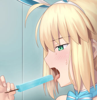 1girl artoria_caster_(fate) artoria_caster_(swimsuit_berserker)_(second_ascension)_(fate) artoria_pendragon_(fate) besmiled blue_bow blush bow commentary_request fate/grand_order fate_(series) food highres holding holding_food holding_popsicle indoors long_hair open_mouth popsicle saliva saliva_trail sidelocks solo sweat tongue tongue_out upper_body