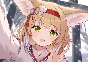 Rule 34 | 1girl, :d, animal ears, arknights, blonde hair, colored tips, commentary, flower, fox ears, fox girl, green eyes, hair flower, hair ornament, hairband, highres, japanese clothes, kimono, looking at viewer, meifu (meowmere), multicolored hair, official alternate costume, open mouth, pink kimono, red hairband, selfie, smile, snowing, solo, suzuran (arknights), suzuran (yukibare) (arknights), torii, w, white hair, winter