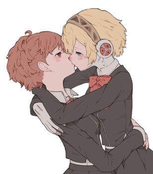 2girls absurdres ahoge aigis_(persona) android arms_around_neck arms_around_waist black_jacket black_skirt blonde_hair blue_eyes blush bow breasts cowboy_shot gekkoukan_high_school_uniform gold_hairband hairband highres hug jacket kiss looking_at_another medium_breasts multiple_girls nose_blush persona persona_3 persona_3_portable red_bow red_eyes red_hair robot_ears school_uniform shiomi_kotone short_hair simple_background skirt tbjj1208 white_background yuri