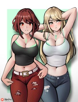 2girls arms_behind_head belt black_tank_top blonde_hair blue_pants breasts cleavage denim hands_on_own_thighs highres jackary jeans large_breasts long_hair looking_at_viewer looking_to_the_side midriff monolith_soft multiple_girls mythra_(xenoblade) navel nintendo pants pyra_(xenoblade) red_eyes red_hair red_pants short_hair tank_top thick_thighs thighs white_belt white_tank_top xenoblade_chronicles_(series) xenoblade_chronicles_2 yellow_eyes