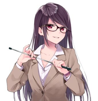 1girl black-framed_eyewear black_hair brown_jacket collarbone collared_shirt commentary_request fingernails glasses grin gundou_mirei hands_up highres hijiki_(hijikini) holding holding_pointer jacket long_hair long_sleeves looking_at_viewer nijisanji parted_lips pointer red_eyes shirt simple_background smile solo straight_hair transparent_background upper_body virtual_youtuber white_shirt wristband