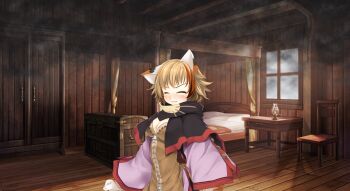 1girl absurdres animal_ears animal_hands atelier-moo bed black_capelet blush breasts brown_bustier brown_hair bustier capelet cat_ears cat_girl cat_paws ceiling chair cleavage clenched_hands clenched_teeth closed_eyes colored_tips cowboy_shot curtains feline_sora flipped_hair fluffy game_cg gloves hair_between_eyes highres indoors lamp large_breasts long_sleeves multicolored_gloves multicolored_hair non-web_source official_art paw_gloves short_hair smoke solo standing teeth two-tone_gloves v-shaped_eyebrows white_gloves wide_sleeves window wizards_symphony wooden_box wooden_ceiling wooden_chair wooden_floor wooden_wall