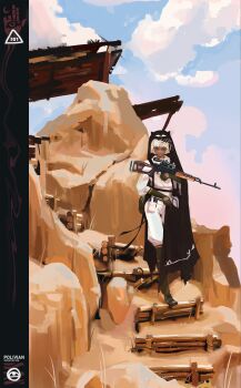 1girl absurdres blouse boots closed_mouth dark-skinned_female dark_skin day gloves green_boots green_gloves gun highres holding holding_gun holding_weapon kneehighs looking_at_viewer original outdoors pants polilla pouch red_eyes rifle scope shirt short_hair sniper sniper_rifle socks solo thigh_gap veil walkie-talkie weapon white_hair white_pants white_shirt wide_shot