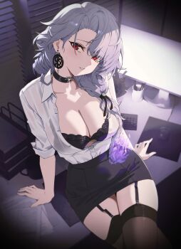 1girl absurdres alternate_costume black_bra black_choker black_ribbon black_skirt black_thighhighs bra breasts choker cleavage collared_shirt commentary commission computer_keyboard computer_mouse dress_shirt earrings english_commentary fire garter_straps grey_hair hair_ribbon highres indoors jewelry lace lace-trimmed_bra lace_trim large_breasts long_hair long_sleeves looking_at_viewer monitor nvl office office_lady paper partially_unbuttoned pencil_skirt phase_connect purple_fire red_eyes ribbon second-party_source shirt shisui_michiru skirt sleeves_rolled_up solo sweat sweatdrop thighhighs underwear virtual_youtuber white_shirt window_blinds