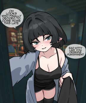 1girl absurdres alternate_costume arutemisu180 black_hair black_shorts black_tank_top black_thighhighs blue_eyes blue_robe blurry blurry_background blush breasts cleavage collarbone commentary doorway earrings english_commentary english_text game_screenshot_background head_tilt highres indoors jane_doe_(zenless_zone_zero) jewelry large_breasts looking_at_viewer notched_ear open_clothes open_robe parted_lips patreon_username pov_doorway robe screenshot_background shorts single_bare_shoulder smile solo speech_bubble tank_top thighhighs zenless_zone_zero