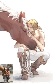 1boy blonde_hair boots brown_boots closed_eyes epona full_body holding holding_rope horse kiss kissing_forehead kurokawa_karasu link low_ponytail male_focus nintendo pants parted_bangs pointy_ears ponytail reference_inset rope squatting the_legend_of_zelda the_legend_of_zelda:_ocarina_of_time topless_male white_background white_pants