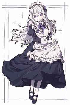 1girl alternate_costume apron black_dress black_shoes commentary_request dress enmaided frilled_apron frills full_body highres juliet_sleeves kashimiya_karua long_hair long_sleeves looking_at_viewer maid maid_apron maid_headdress neck_ribbon okura_0915 puffy_sleeves purple_eyes purple_ribbon ribbon shoes skirt_hold smile solo the_hundred_line_-last_defense_academy- white_apron white_background