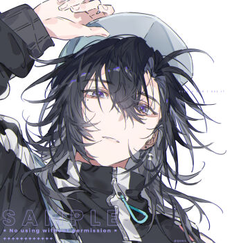 1boy anchun_(quail0503) asymmetrical_bangs bad_link baseball_cap black_hair earrings eyelashes fingernails hair_between_eyes hand_on_headwear hand_up hat jewelry long_hair long_sleeves looking_at_viewer male_focus mole mole_under_eye original parted_bangs parted_lips purple_eyes sample_watermark simple_background solo watermark white_background white_hat zipper zipper_pull_tab