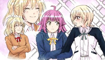 3girls ^_^ ahoge arm_hug blonde_hair blue_jacket blunt_bangs blush closed_eyes collared_shirt commentary_request crossed_arms crying dress_shirt earclip facing_another flipped_hair frown green_ribbon hood hooded_jacket jacket kishimen_hair letterman_jacket long_sleeves looking_to_the_side loose_neck_ribbon love_live! love_live!_nijigasaki_high_school_idol_club medium_hair mia_taylor miyashita_ai multiple_girls neck_ribbon open_clothes open_jacket open_mouth pink_hair ponytail red_ribbon ribbon shirt sidelocks smile sparkle split_mouth tennoji_rina typeakiha73 upper_body white_jacket white_shirt yellow_eyes yellow_ribbon