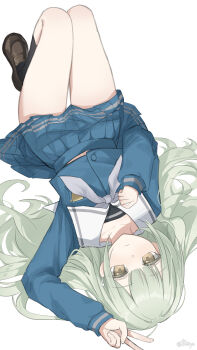 1girl absurdres arm_up artist_name bang_dream! bang_dream!_it's_mygo!!!!! black_socks blue_serafuku blue_shirt blue_skirt blunt_bangs brown_shoes chinese_commentary clenched_hand closed_mouth commentary_request dutch_angle expressionless full_body green_hair grey_neckerchief hair_spread_out highres hui_yu_yu_yu_ye kneehighs knees_up loafers long_hair looking_at_viewer lying midriff_peek miniskirt navel neckerchief on_back pleated_skirt sailor_collar school_uniform serafuku shirt shoes sidelocks simple_background skirt sleeves_past_wrists socks solo thigh_gap thighs upside-down v v_over_head very_long_hair wakaba_mutsumi white_background white_sailor_collar yellow_eyes