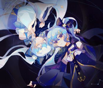 2girls ahoge bare_shoulders blue_bow blue_dress blue_eyes blue_gloves blue_hair blue_ribbon blue_tabard borrowed_design bow closed_eyes closed_mouth commentary constellation_print detached_sleeves dress dual_persona earrings elbow_gloves english_commentary fingerless_gloves fur-trimmed_dress fur-trimmed_sleeves fur_trim gloves gold_trim hair_bow hair_ribbon half-closed_eyes hatsune_miku heads_together highres jewelry light_blue_hair long_hair looking_at_viewer lying multiple_girls musical_note musical_note_print night on_back parted_lips qi_cun ribbon ripples rotational_symmetry sky star_(sky) star_(symbol) star_earrings star_trail striped_ribbon tabard treble_clef twintails upper_body very_long_hair vocaloid wide_sleeves yuki_miku yuki_miku_(2017)
