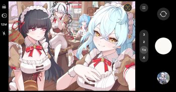 4girls absurdres animal_ears black_flower black_hair blake_bloom_(wuthering_waves) blue_hair blush breasts brown_dress buling_(wuthering_waves) cafe camellya_(wuthering_waves) capybara_ears chisa_(wuthering_waves) closed_mouth commentary crossed_legs dress english_commentary fake_phone_screenshot fake_screenshot flower hair_flower hair_ornament hair_ribbon hair_vines hand_on_own_face highres indoors large_breasts long_hair looking_at_viewer maid_headdress multiple_girls official_alternate_costume official_art_inset parted_lips pink_eyes red_ribbon revermam12 ribbon shorekeeper_(wuthering_waves) sitting smile wuthering_waves yellow_eyes zani_(wuthering_waves)