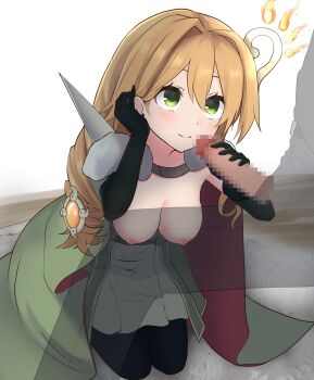1boy 1girl absurdres adjusting_hair black_gloves black_pantyhose blonde_hair breasts breasts_out cape censored cloak closed_mouth clothed_sex clothes_pull dress_pull elbow_gloves erection fur-trimmed_cloak fur_trim gloves green_cape green_cloak green_eyes hair_behind_ear hair_between_eyes hair_intakes hair_ornament hands_up hetero highres imminent_fellatio kagarimi kneeling light_blush long_hair looking_at_another looking_up medium_breasts mosaic_censoring nipples pantyhose penis penis_grab ritual_beast_tamer_lara smile solo_focus yu-gi-oh!
