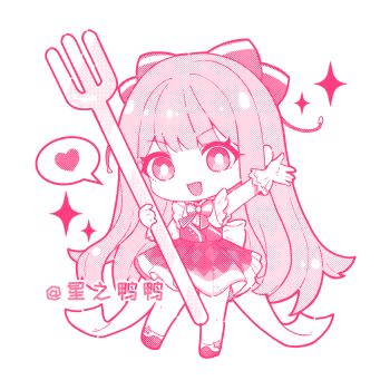 1girl argyle_clothes argyle_skirt artist_name back_bow bare_legs bare_shoulders blunt_bangs bow bowtie bright_pupils brooch buttons cherilynorz chibi chinese_commentary collared_shirt commentary_request dress_shirt eyelashes floral_memory_(infinity_nikki) fork frilled_gloves frilled_shirt frills gloves hair_bow halftone happy heart high-waist_skirt high_collar highres holding holding_fork infinity_nikki jewelry kfc long_hair looking_at_viewer miniskirt monochrome nikki_(nikki) nikki_(series) open_mouth outstretched_arm oversized_fork pink_theme pleated_skirt shirt shoes simple_background single_stripe skirt sleeveless sleeveless_shirt smile socks solo sparkle speech_bubble spoken_heart standing star_(symbol) striped_bow striped_bowtie striped_clothes tareme very_long_hair white_background