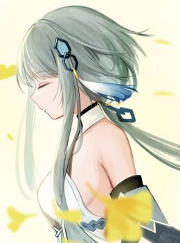 1girl bare_shoulders breasts closed_eyes closed_mouth commentary_request detached_sleeves dress falling_petals from_side genshin_impact grey_hair guizhong_(genshin_impact) hair_ornament hair_stick halterneck highres large_breasts long_sidelocks memi_58 petals ponytail portrait profile sideboob sidelocks solo tassel tassel_hair_ornament twitter_username white_dress yellow_petals