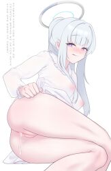 Rule 34 | 1girl, :q, absurdres, ass, blue archive, blush, breasts, cchiii, closed mouth, clothes lift, covered nipples, cum, cum in pussy, cumdrip, dress, dress lift, grey hair, halo, highres, korean text, long hair, long sleeves, looking at viewer, medium breasts, noa (blue archive), purple eyes, pussy, simple background, smile, solo, tongue, tongue out, translation request, uncensored, white background, white dress