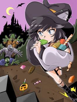 1girl animal_ear_piercing animal_ears bat_(animal) black_boots black_hair blue_eyes blush_stickers boots bucket candy castle commentary_request cookie crescent_moon dog_ears dog_girl fang fishnet_socks fishnets fleeing food frankenstein frankenstein&#039;s_monster full_body grey_jacket halloween halloween_bucket hat highres holding holding_bucket holding_candy holding_food holding_lollipop itsumeee3 jacket kmnz lollipop long_sleeves looking_back monster moon mummy nero_(kmnz) night outdoors purple_sky running short_hair skin_fang sky small_sweatdrop socks solo_focus swept_bangs swirl_lollipop virtual_youtuber witch_hat zombie