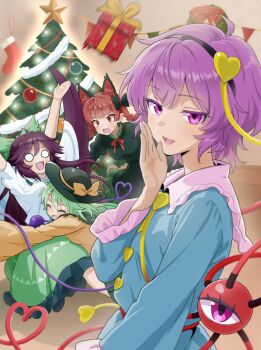 4girls :d absurdres blue_jacket brown_hair christmas christmas_stocking christmas_tree dress gift green_dress green_eyes highres hug jacket kaenbyou_rin komeiji_koishi komeiji_satori looking_at_viewer mitsume310i multiple_girls open_mouth purple_hair red_hair reiuji_utsuho smile touhou yellow_jacket