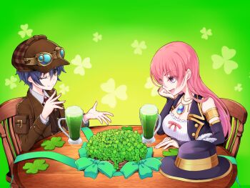 2girls amelia_(detective_girl_steam_city) beer_mug breasts cleavage clymenia2 cup detective_girl_steam_city eating_clover_salad_(meme) female_focus fingerless_gloves flat_chest gloves hat highres large_breasts long_hair mug multiple_girls necktie pink_hair saint_patrick&#039;s_day short_hair sleeveless sophie_(detective_girl_steam_city) sophie_winters steampunk table tomboy upper_body