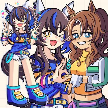 &gt;_o 2girls 67_(meme) absurdres animal_ears bead_bracelet beads belt blue_hair blue_shirt blush bobamiruku bracelet breasts brown_hair colored_inner_hair crop_top cropped_jacket daitaku_helios_(fun_fun_party_night)_(umamusume) daitaku_helios_(umamusume) deformed double_w ear_covers ear_ornament facial_tattoo fang fur-trimmed_jacket fur_trim green_skirt hair_between_eyes hair_ornament hairclip highres horse_ears horse_girl horse_tail jacket jewelry long_hair long_sleeves looking_at_viewer mejiro_palmer_(line_breakthrough)_(umamusume) mejiro_palmer_(umamusume) meme midriff midriff_peek multicolored_hair multicolored_nails multiple_girls navel necklace one_eye_closed open_mouth pink_belt ponytail shirt shorts side_ponytail skirt smile star_(symbol) star_hair_ornament streaked_hair sweatdrop tail tattoo tied_shirt umamusume w white_hair white_jacket white_shorts yellow_belt yellow_eyes yellow_shirt