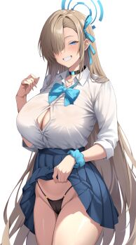1girl absurdres aqua_scrunchie asuna_(blue_archive) asuna_(school_uniform)_(blue_archive) black_panties blue_archive blue_eyes blue_halo blue_ribbon blue_skirt blush breasts brown_hair cameltoe collared_shirt commentary_request grin hair_ornament hair_over_one_eye hair_ribbon halo highres large_breasts long_hair looking_at_viewer official_alternate_costume one_eye_covered panties partial_commentary pleated_skirt ranhatu ribbon school_uniform scrunchie shirt shirt_tucked_in skirt smile solo standing thighs underwear white_background white_shirt wrist_scrunchie