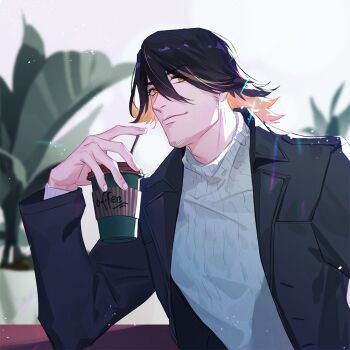 1boy black_hair black_jacket blurry blurry_background commentary_request cup disposable_coffee_cup disposable_cup fingernails grey_sweater hair_between_eyes jacket light_particles long_sleeves looking_at_viewer male_focus nagasone_kotetsu ncww_rinichi open_clothes open_jacket orange_eyes short_hair solo sweater touken_ranbu upper_body