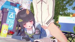 1boy 1girl 3d ahoge animated ass_grab black_hair blue_archive blush chris_flandre facing_viewer from_behind gun halo hetero highres koikatsu_(medium) loli long_hair male_pubic_hair miyu_(blue_archive) moaning music non-visible_genital open_mouth outdoors prone_bone pubic_hair red_eyes sex sex_from_behind solo_focus sound tagme teeth video weapon