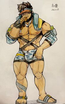 Rule 34 | 1boy, abs, alternate costume, artist name, bara, beard, bulge, daco choco, duran (gyee), facial hair, fingerless gloves, gloves, gyee, highres, leather, leather belt, leg tattoo, lifeguard, male focus, male swimwear, manly, mature male, muscular, muscular arms, muscular legs, muscular male, nipples, official alternate costume, pectorals, sandals, shaded face, short hair, shorts, signature, simple background, solo, spiked hair, tattoo, thighs, visor cap, whispering, whistle, whistle around neck