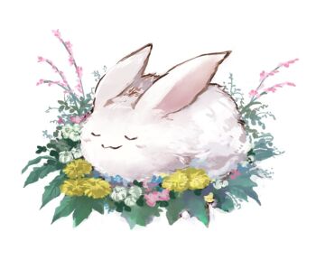 Rule 34 | :3, animal focus, commentary, flower, full body, gobaku no hito, grass, lunatic (ragnarok online), no humans, pink flower, rabbit, ragnarok masters, ragnarok online, sleeping, solo, white background, yellow flower