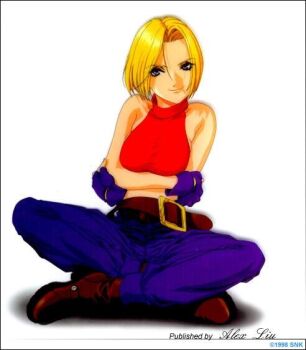 1girl blonde_hair blue_mary breasts female_focus large_breasts looking_at_viewer pants short_hair sitting smile the_king_of_fighters thick_thighs thighs