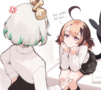 2girls absurdres ahoge alternate_costume anger_vein black_skirt blonde_hair brown_hair cecilia_immergreen commentary english_text from_behind gigi_murin green_streaks grey_hair head_rest highres hololive hololive_english long_sleeves looking_at_another medium_hair multicolored_hair multiple_girls namiorii pink_eyes shirt sitting skirt standing tail two-tone_hair virtual_youtuber white_background white_shirt winding_key