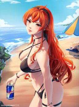 absurdres ahoge beach beach_towel beach_umbrella bikini black_bikini black_hairband blue_hair blue_sky braid can durango-dg eris_greyrat hairband highres holding holding_can looking_at_viewer mushoku_tensei ocean outdoors red_bull red_eyes red_hair roxy_migurdia sky swimsuit towel umbrella wristband