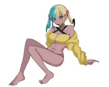 1girl bandeau bare_legs barefoot canari_(pokemon) commentary_request eyelashes feet full_body grey_eyes grin hand_up highres jacket long_sleeves looking_at_viewer m_ikachu mask mask_pull mouth_mask multicolored_hair nail_polish navel nintendo off_shoulder pokemon pokemon_legends:_z-a simple_background smile solo teeth toenail_polish toenails toes twintails white_background yellow_bandeau yellow_jacket zipper zipper_pull_tab