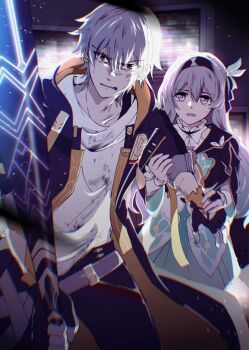 1boy 1girl baseball_bat black_jacket black_pants blue_eyes blue_pupils blue_skirt bridal_gauntlets caelus_(honkai:_star_rail) clenched_teeth cowboy_shot cropped_jacket firefly_(honkai:_star_rail) grey_hair hair_between_eyes hair_intakes hair_ribbon highres holding holding_another's_arm holding_weapon honkai:_star_rail honkai_(series) hood hood_down hooded_jacket indoors jacket long_hair mikage033 multicolored_eyes open_clothes open_jacket orange_eyes pants pink_eyes pleated_skirt ribbon shirt short_hair sidelocks skirt static sweatdrop teeth television trailblazer_(honkai:_star_rail) two-tone_eyes v-shaped_eyebrows weapon white_shirt