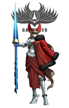 1girl armor armored_boots black_mask blue_eyes boots brown_hair commentary domino_mask eidenjyou1997 emblem emperor_zero english_commentary eye_mask full_body fur_trim gauntlets genderswap genderswap_(mtf) helmet high_heel_boots high_heels highres holding holding_polearm holding_weapon kamen_rider kamen_rider_amazon_(series) long_hair looking_at_viewer mask polearm simple_background solo spear spurs standing very_long_hair weapon white_background