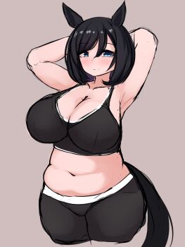Rule 34 | 1girl, akatoki, animal ears, armpits, arms behind head, belly, black hair, black leggings, black sports bra, blue eyes, blush, bob cut, breasts, cleavage, eishin flash (umamusume), grey background, hair between eyes, horse ears, horse girl, horse tail, large breasts, leggings, navel, plump, short hair, smile, solo, sports bra, standing, tail, umamusume, wide hips