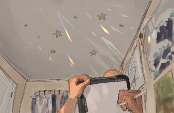 apartment artist_self-insert clothes_hanger clothes_rack door fruiitlins highres holding holding_pen holding_tablet_pc lens_flare lying on_back original pen poster_(object) pov pov_hands shirt star_(symbol) tablet_pc viewer_self-insert