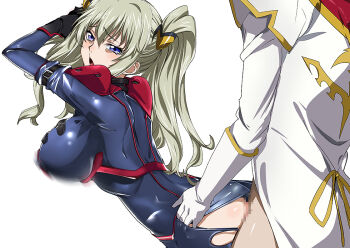1boy 1girl ass blonde_hair blue_eyes blush breasts censored code_geass code_geass:_boukoku_no_akito hair_ornament large_breasts leila_malcal long_hair open_mouth sex sex_from_behind simple_background skin_suit skin_tight toranpo_rintarou torn_clothes twintails white_background