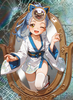 Rule 34 | 1girl, ;d, ahoge, blue bow, blue hair, blue kimono, bow, broken glass, cloud print, commentary request, glass, hair bow, highres, japanese clothes, kimono, long hair, long sleeves, looking at viewer, mask, mask on head, mirror, obi, one eye closed, open mouth, original, ponytail, print kimono, sandals, sash, short kimono, side slit, smile, solo, thighhighs, unno hotaru, white thighhighs, wide sleeves, yellow eyes, zouri