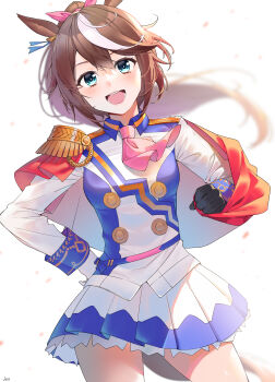 Rule 34 | 1girl, absurdres, animal ears, arjent, ascot, asymmetrical gloves, black gloves, blue eyes, blush, bow, breasts, brown hair, buttons, cape, commentary, double-breasted, ear ribbon, epaulettes, gloves, hair between eyes, high ponytail, highres, horse ears, horse girl, horse tail, jacket, long hair, long sleeves, looking at viewer, mismatched gloves, multicolored hair, multicolored jacket, open mouth, pink ascot, ponytail, red cape, single epaulette, skirt, small breasts, smile, solo, streaked hair, tail, teeth, tokai teio (peak joy) (umamusume), tokai teio (umamusume), two-tone hair, two-tone jacket, two-tone skirt, umamusume, untranslatable commentary, white gloves, white hair, white jacket, white skirt