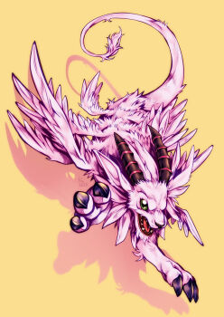 Rule 34 | absurdres, claws, digimon, digimon (creature), green eyes, highres, holydramon, horns, multiple wings, nasty-hellbread, no humans, open mouth, pink fur, simple background, solo, tail, wings, yellow background