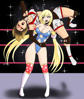 2girls artist_request catfight fainted fainting highres leotard multiple_girls original ryona smile tagme wrestling wrestling_outfit wrestling_ring