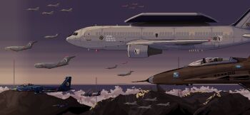 absurdres aircraft airplane awacs c17_globemaster_iii cargo_aircraft cloud commentary english_commentary f-15_eagle f-16_fighting_falcon fighter_jet flight_suit flying highres horizon mig-29 mikecraftz military military_vehicle missile mountain no_humans pixel_art project_wingman purple_sky radar_dish scenery sky tower transmission_tower vehicle_focus